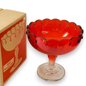 VTG Indiana Glass Ruby Red Teardrop Pedestal Dish Compote OG Box Christmas Decor